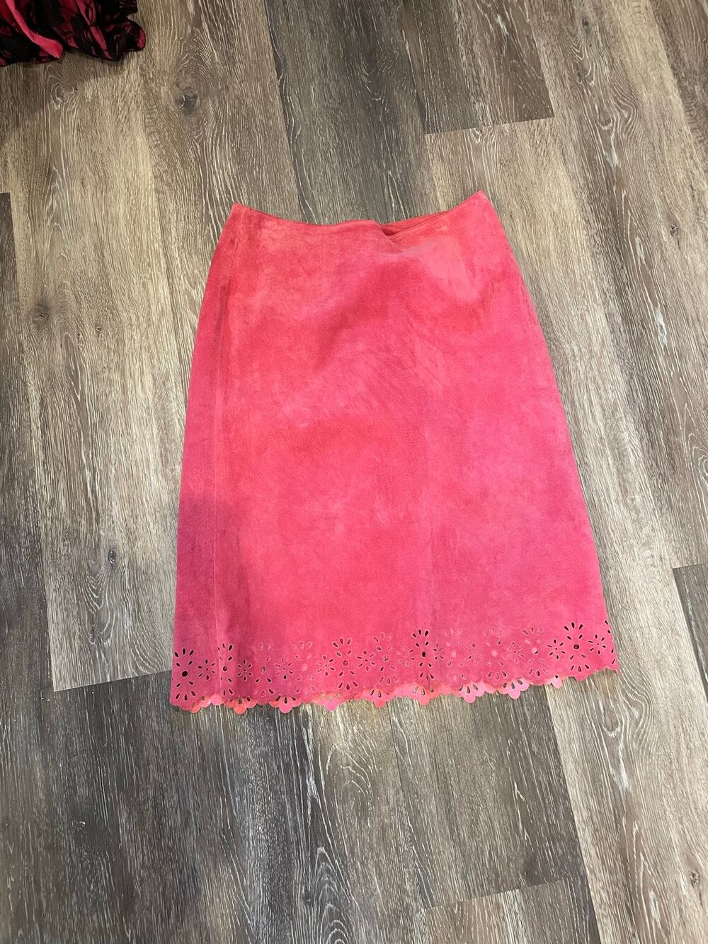 pink suede classiques midi skirt with scallop and punch hole hem